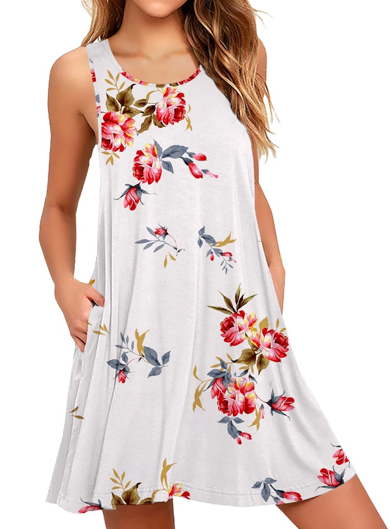 WEACZZY Women's Casual Swing Summer Dresses Loose T Shirt Dress with Pockets,Floral White,L - Image 1